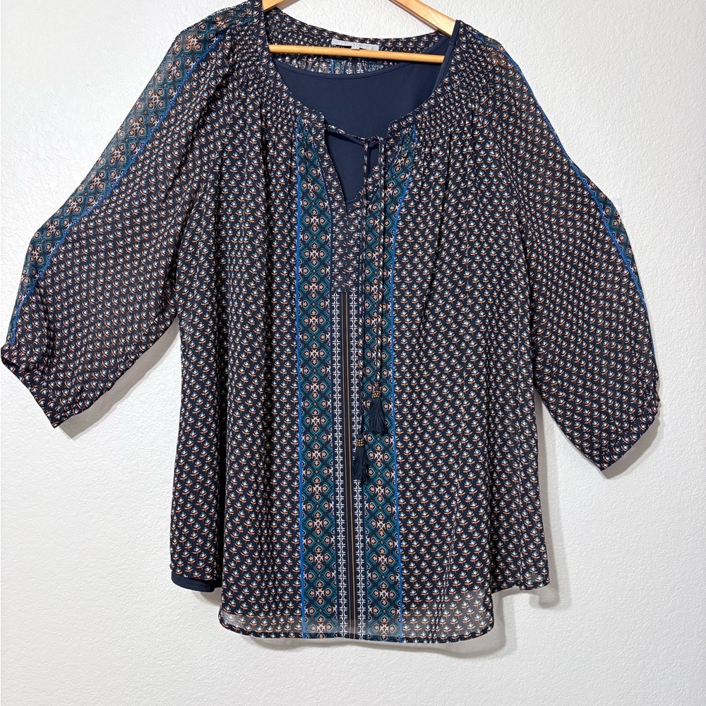 Daniel Rainn Elegant, Office Sheer Navy Patterned Blouse/Tunic with Navy Tank.